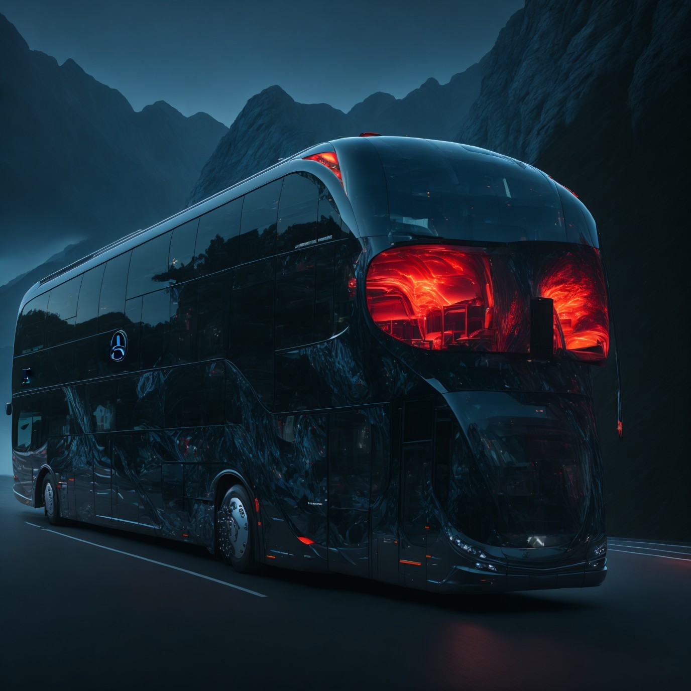 Futuristic Bus Design Against Mountain Twilight Background