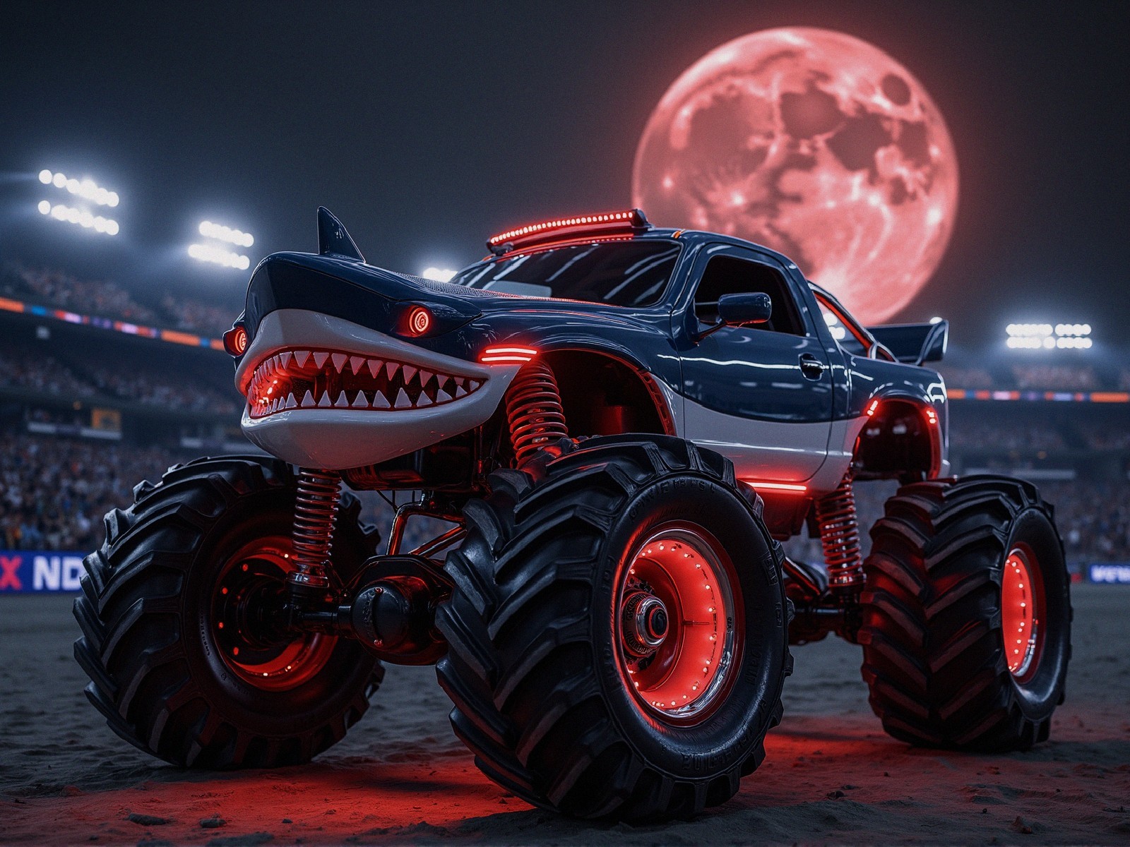 Shark-Inspired Monster Truck with Dramatic Red Moon