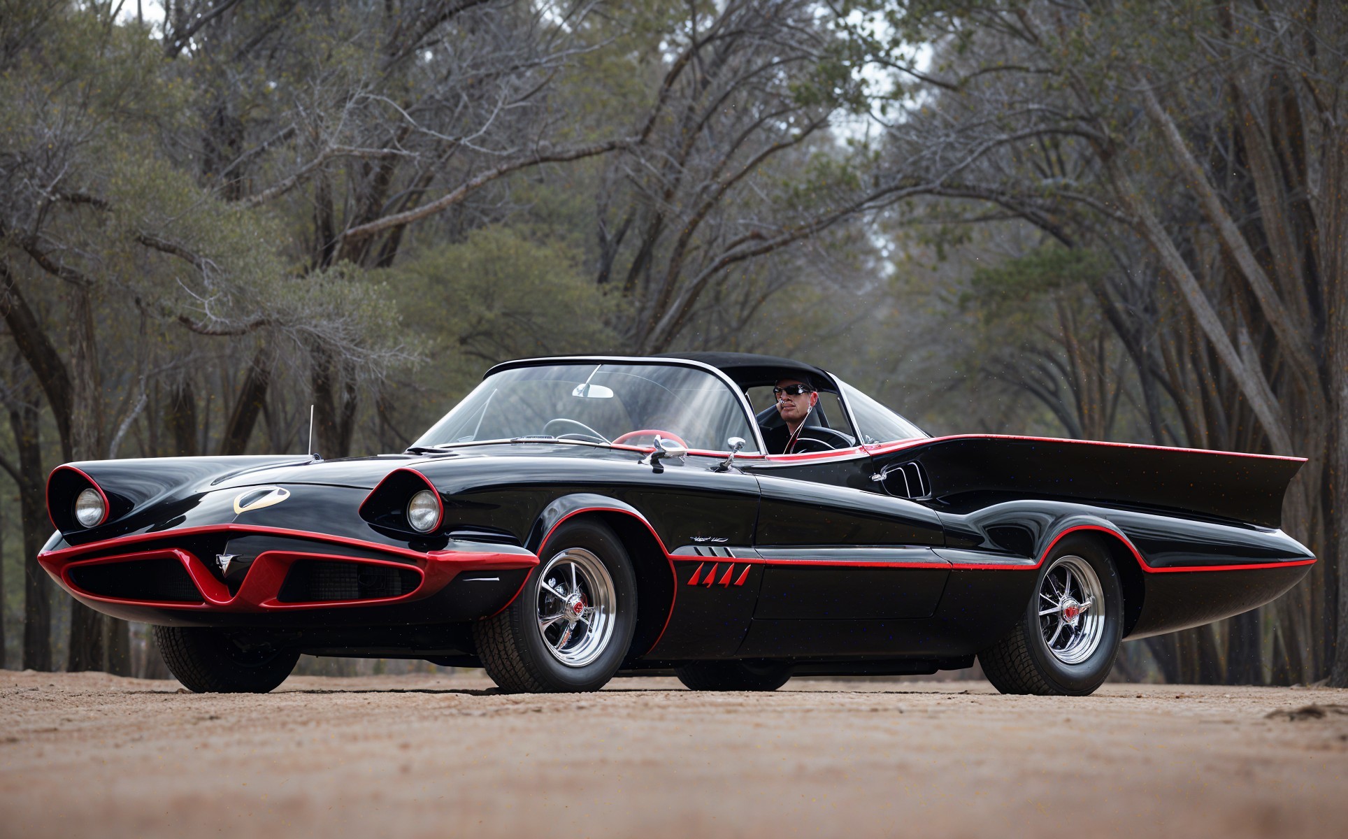 Vintage Black Car with Red Accents on Tree-Lined Path