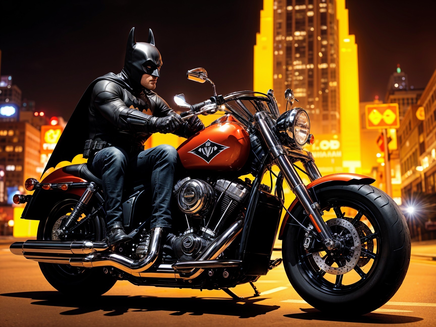 Masked figure in black batsuit on orange motorcycle