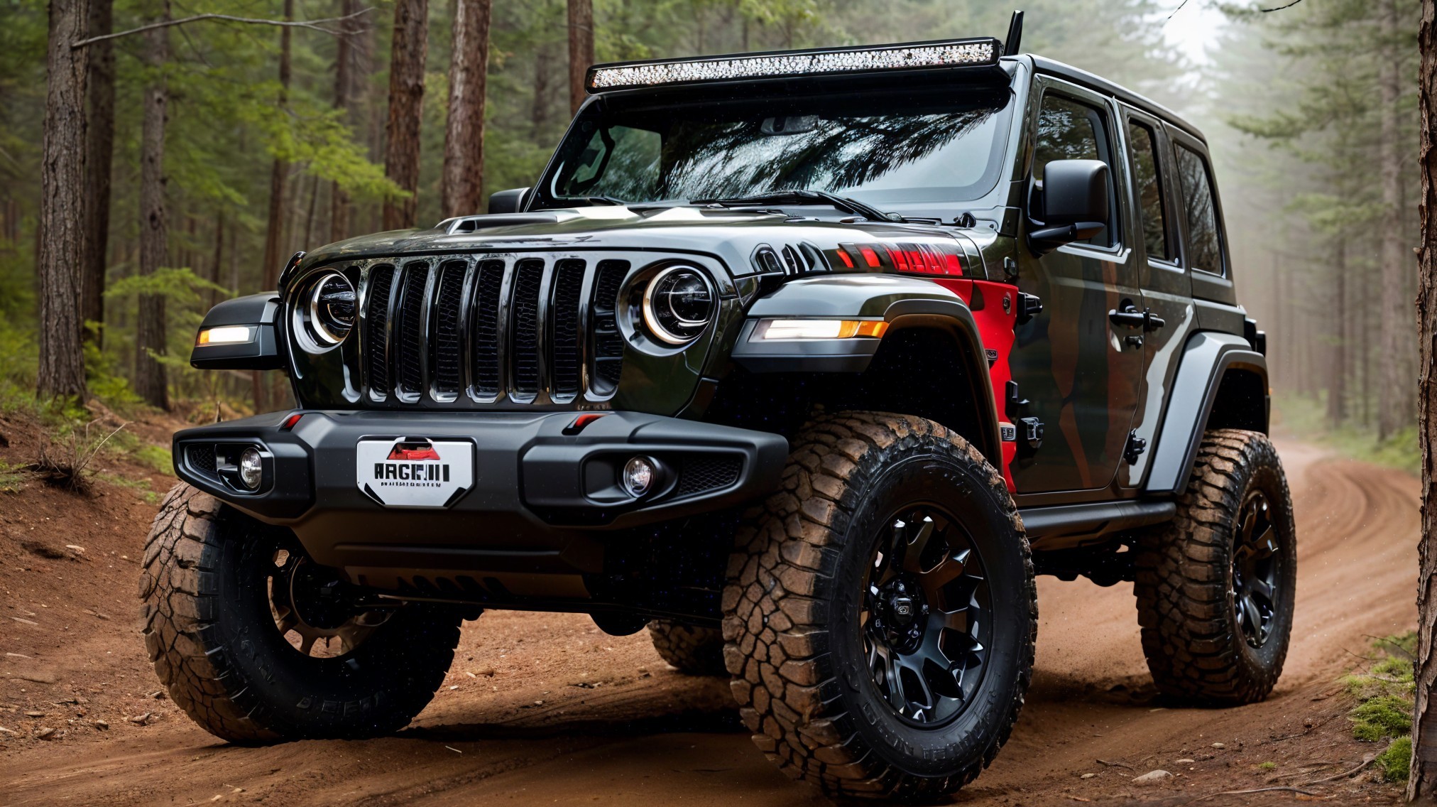 Rugged Off-Road SUV on Dirt Trail Surrounded by Trees