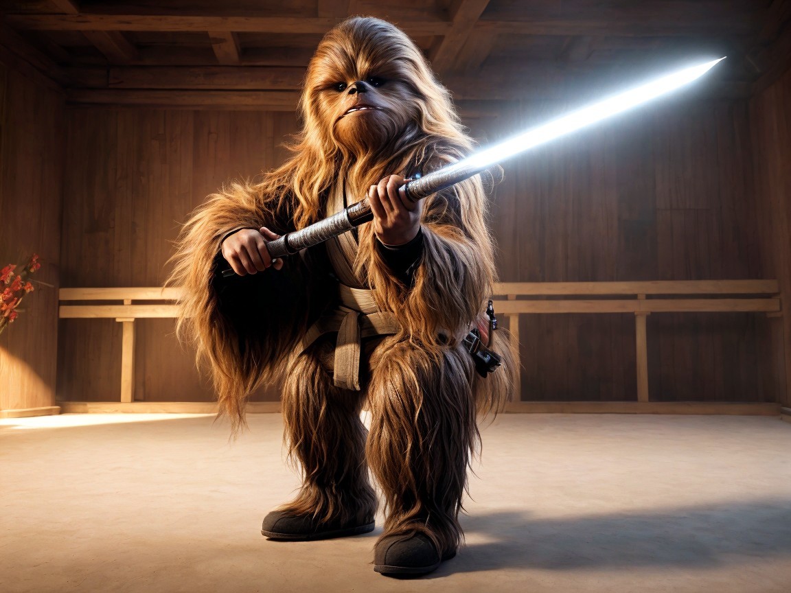 Furry Character with Lightsaber in Wooden Dojo