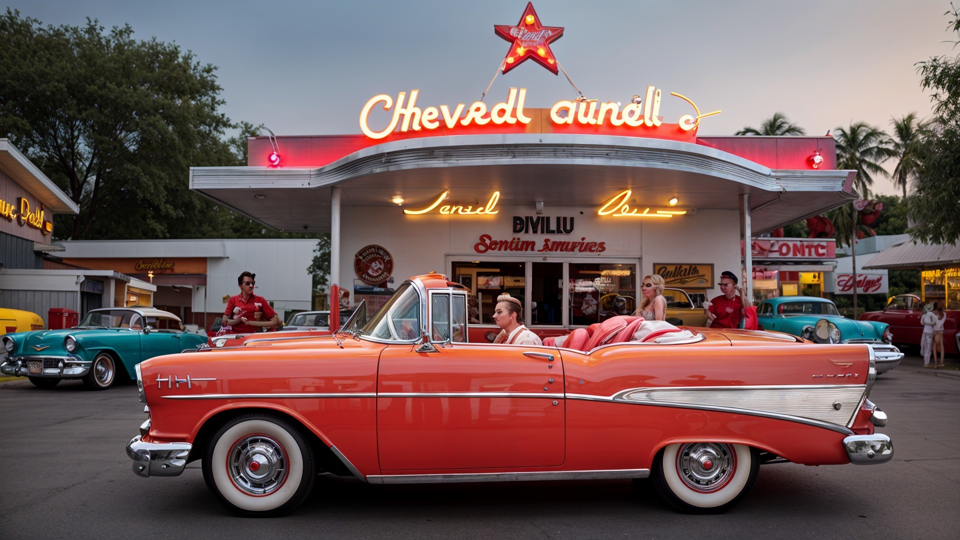 1950s Orange Convertible Parked at Retro Diner Scene