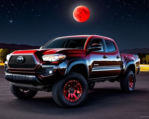Red Toyota Tacoma under Blood Moon Night Sky