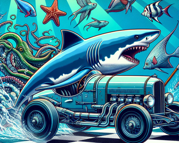 Underwater Scene with Shark and Vintage Car Fusion