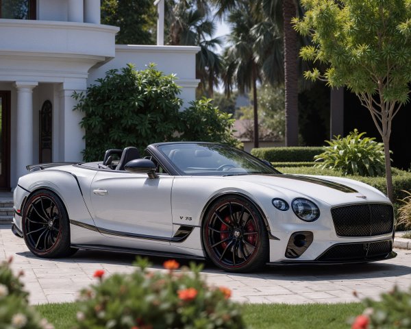 Luxury White Convertible Sports Car in Landscaped Setting