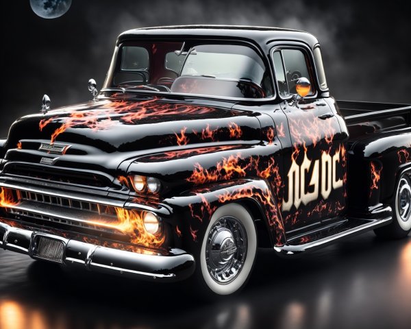 Vintage Chevrolet Pickup with Flame Graphics at Night