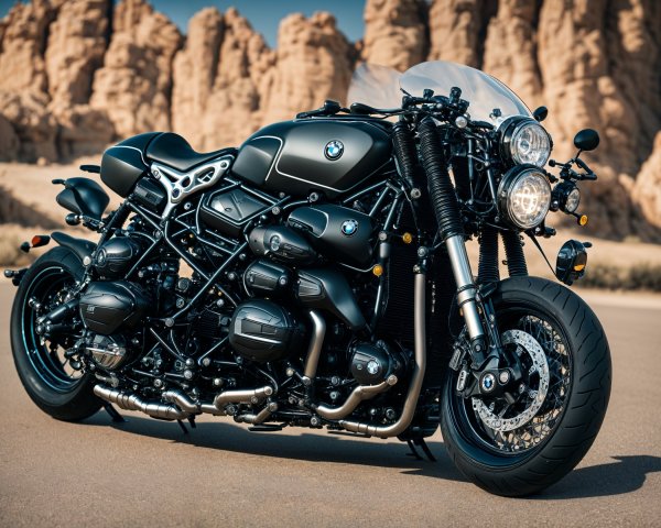 Sleek Black BMW Motorcycle in Desert Landscape