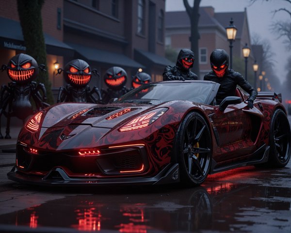 Ominous Sports Car Under Rainy Street Lighting