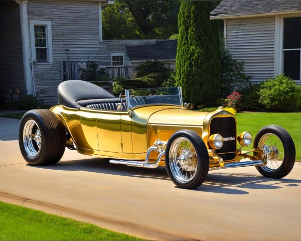 Golden Vintage Hot Rod Parked in Scenic Driveway