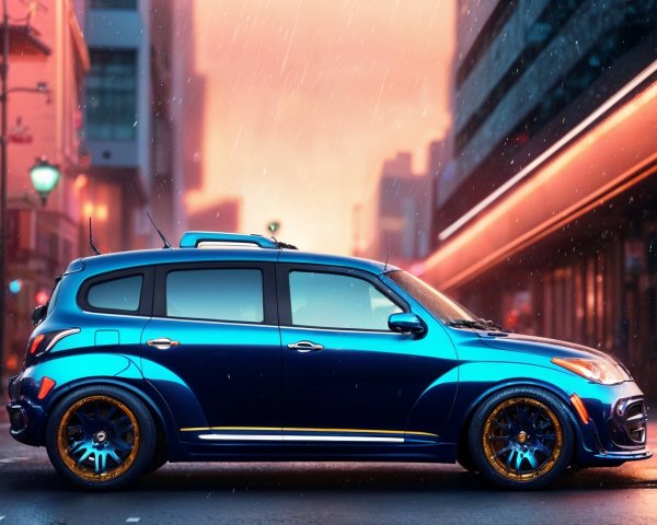 Blue Car with Orange Accents in Rainy City Scene
