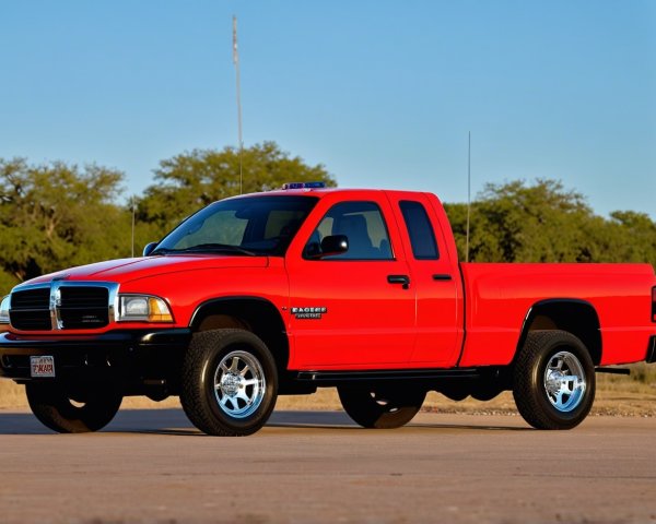 Vibrant Red Pickup Truck Against Clear Blue Sky