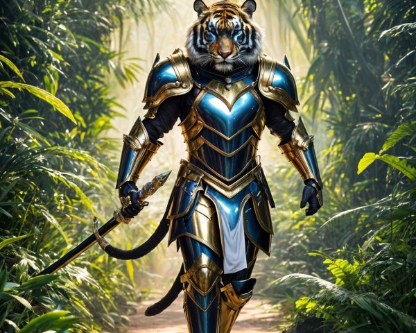 Tiger in Armor Walking Through Lush Jungle Environment