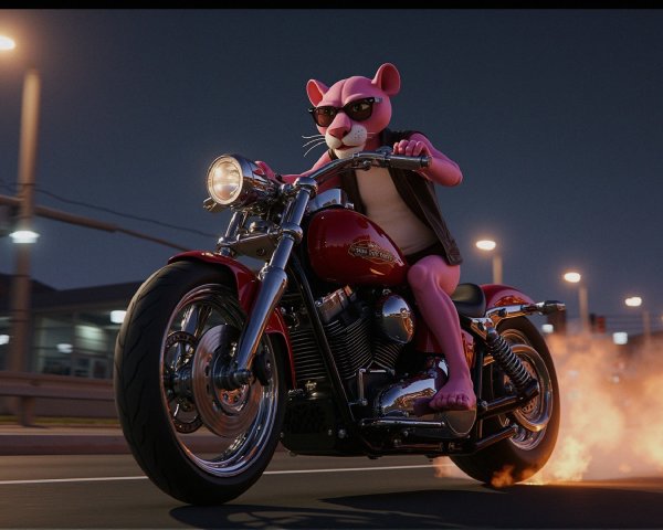 Cartoon Panther Character on Motorcycle at Night