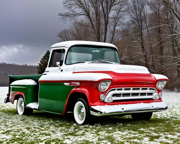 1950s Pickup Truck in Snowy Holiday Setting