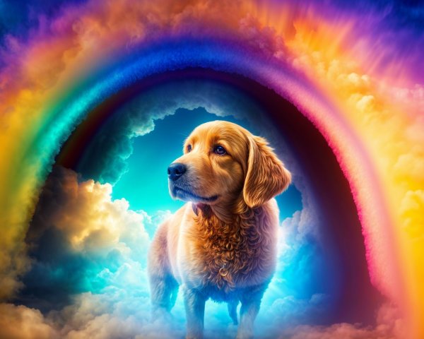 Golden Retriever in a Rainbow and Dreamy Sky