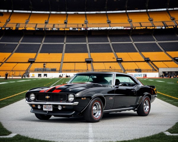 Black Chevrolet Camaro on Football Field with Red Stripes