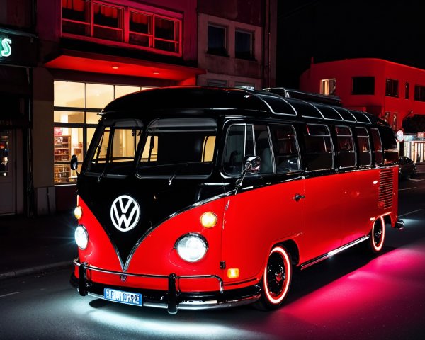 Classic Volkswagen Bus with Neon Lights at Night
