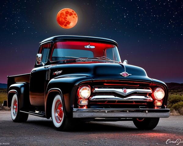 Vintage Black Pickup Truck Under Starry Night Sky