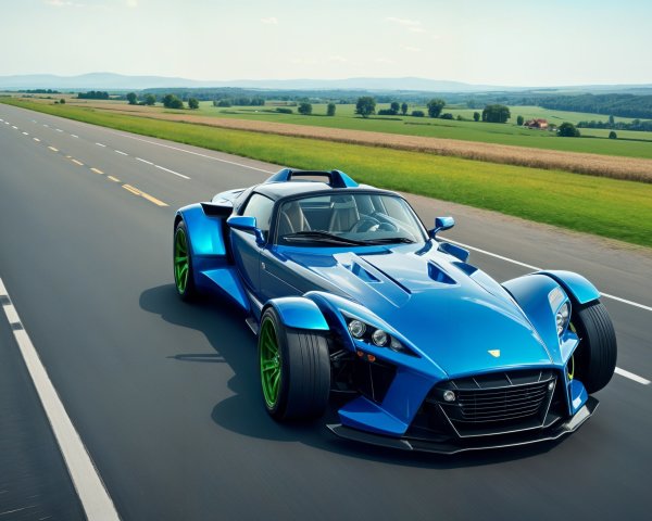 Blue Sports Car on Sunlit Rural Road with Green Accents
