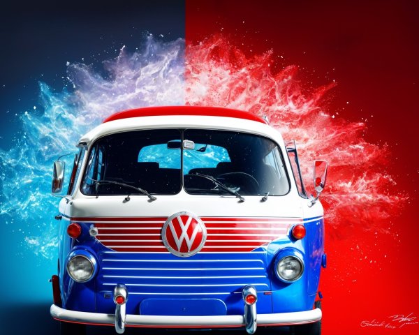 Vintage Volkswagen Van with Blue and Red Backgrounds