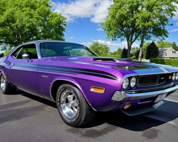 Purple Classic Muscle Car with Black Racing Stripes