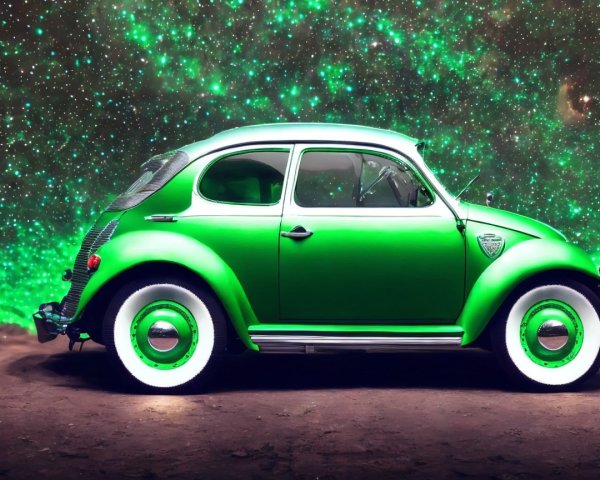 Vintage Green Car Against Cosmic Starry Background