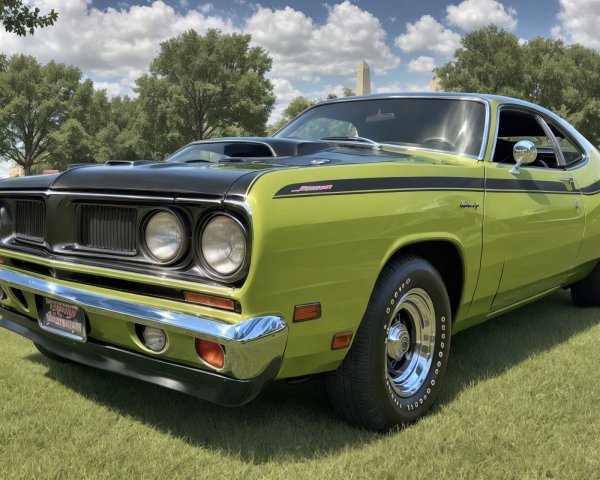 Vibrant Green Classic Car on Grassy Area Under Sun