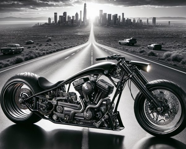 Custom Motorcycle on Open Road with City Skyline