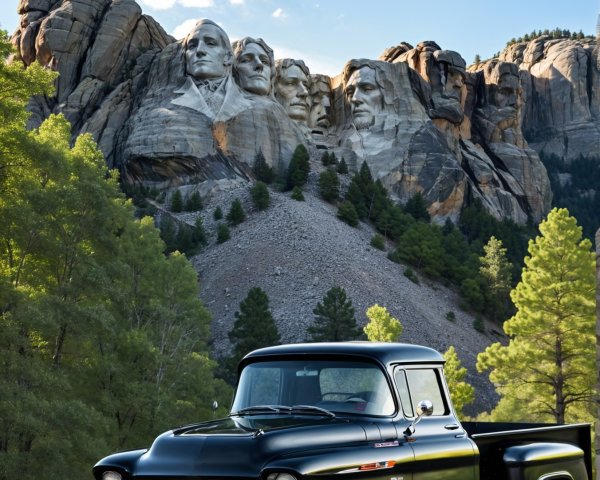Classic Black Chevrolet Truck with Mount Rushmore Backdrop