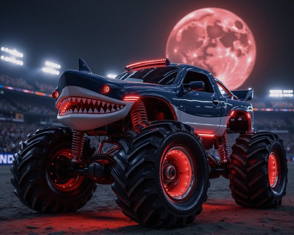 Shark-Inspired Monster Truck with Dramatic Red Moon