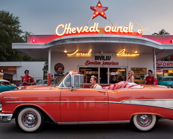 1950s Orange Convertible Parked at Retro Diner Scene