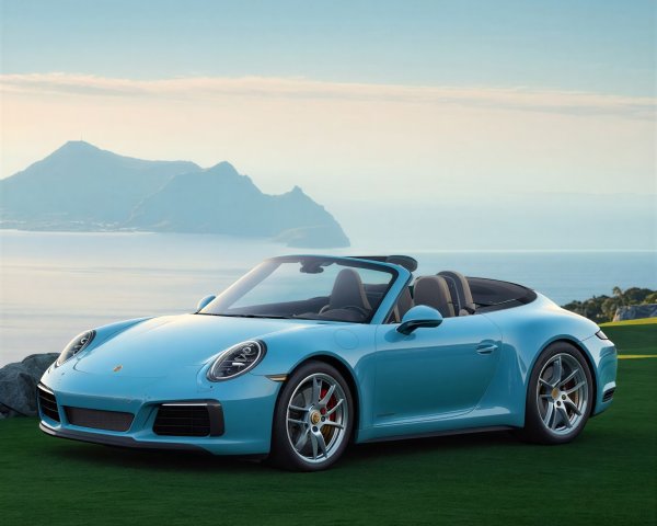 Light Blue Porsche 911 Carrera Convertible on Green Lawn