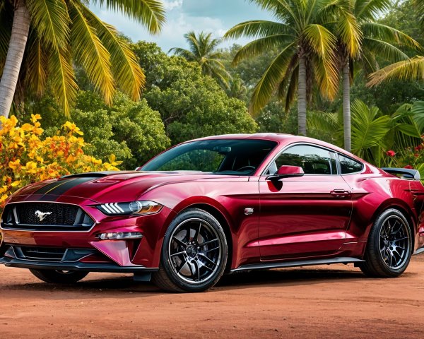 Red Sports Car in Tropical Setting with Palm Trees