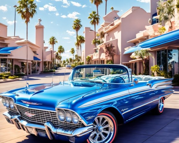 Classic Blue Convertible on Palm-Lined Street