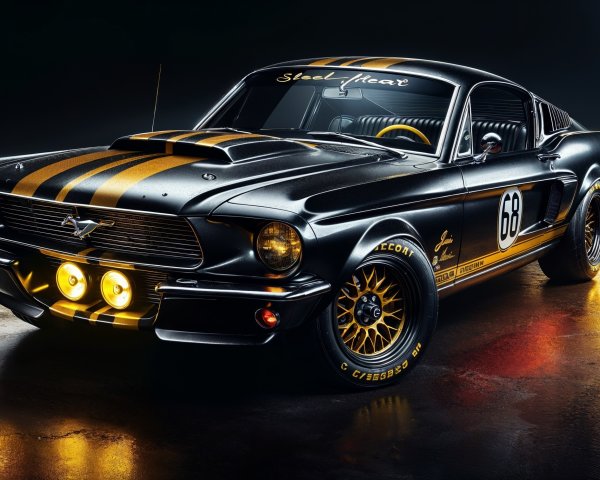 Black Vintage Muscle Car with Yellow Racing Stripes