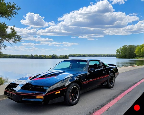 Black Sports Car by a Serene Lake with Trees