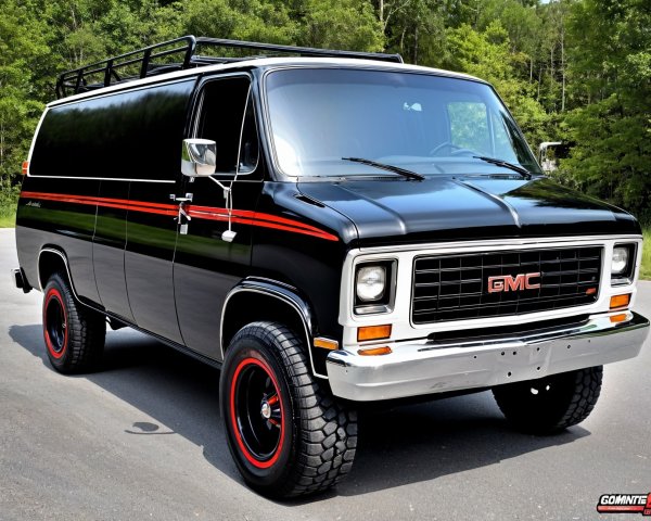 Classic GMC Van with Black Exterior and Red Stripe