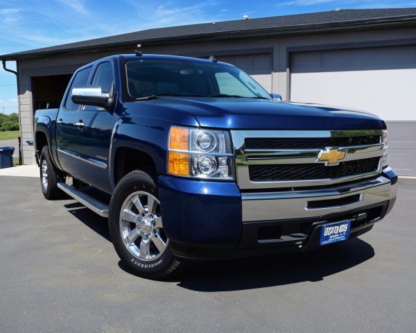 Shiny Blue Chevrolet Pickup Truck in Front of Garage