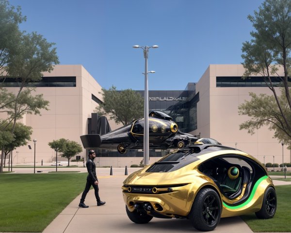 Futuristic Car and Helicopter in Modern Setting