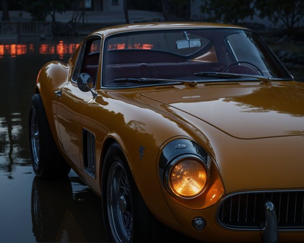 Vintage Car by Water at Dusk with Orange Hues