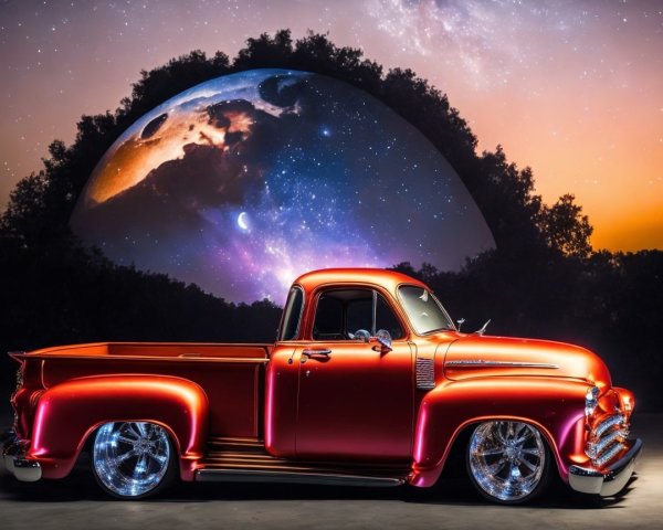 Vintage Truck Against Cosmic Nebula Backdrop