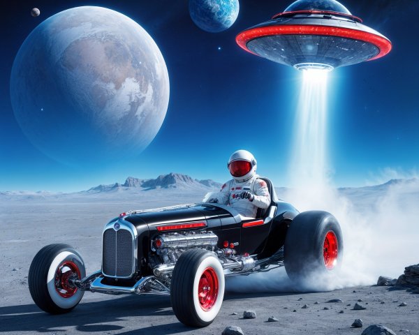 Vintage Hot Rod on Lunar Landscape with UFO Above