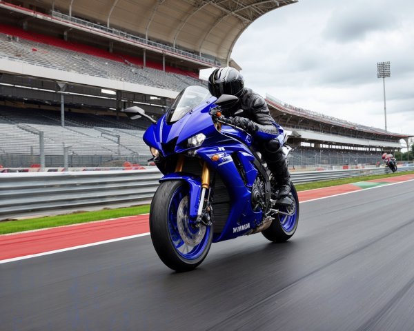 Rider in Black Gear on Blue Motorcycle at Racetrack