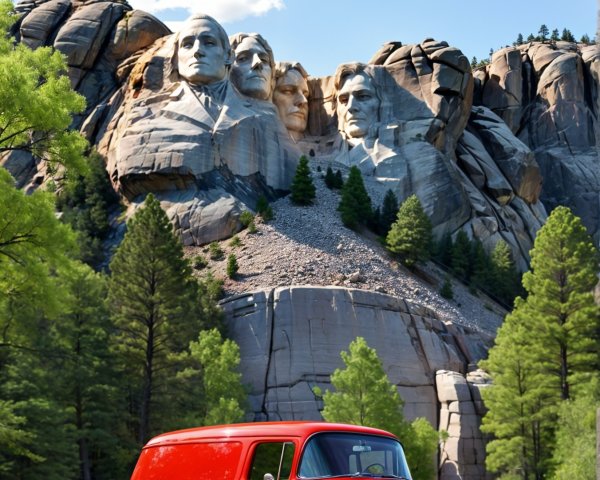 Red Vintage Van at Mount Rushmore with Scenic Background