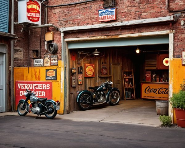 Vintage Garage with Classic Motorcycles and Decor