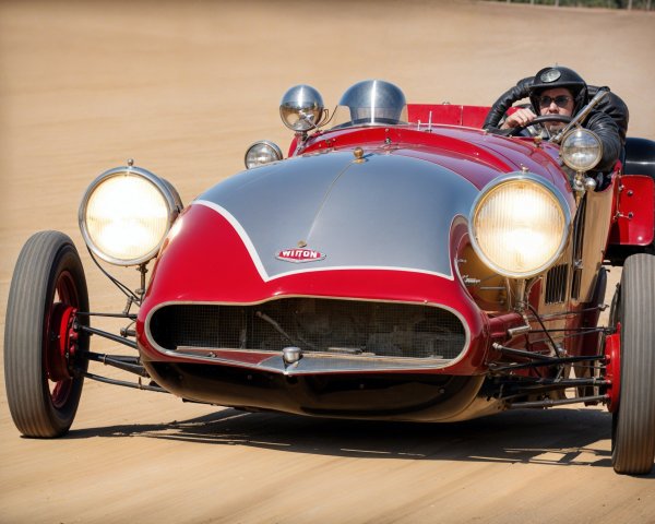Vintage Red Racing Car on Dusty Track with Driver