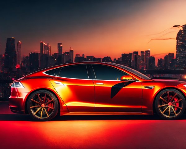 Red Tesla Model S Against Sunset Skyline Background