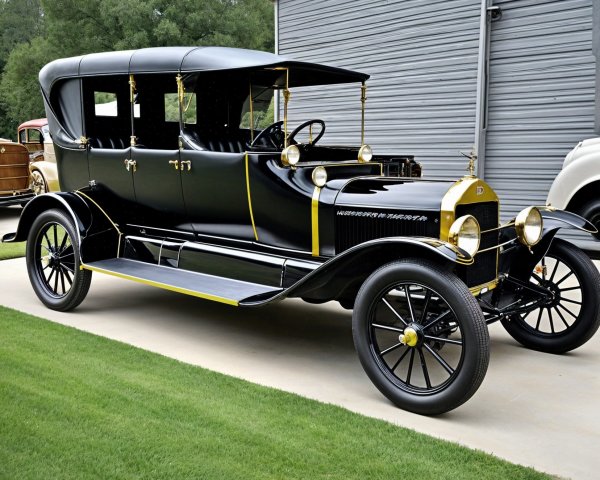 Vintage Black Car with Classic Design on Lawn