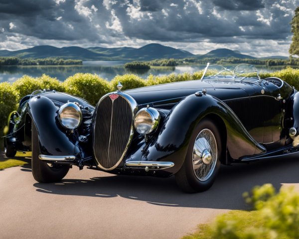 Classic Black Bugatti Convertible on Scenic Road